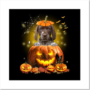 German Shorthaired Pointer Spooky Halloween Pumpkin Dog Head Posters and Art